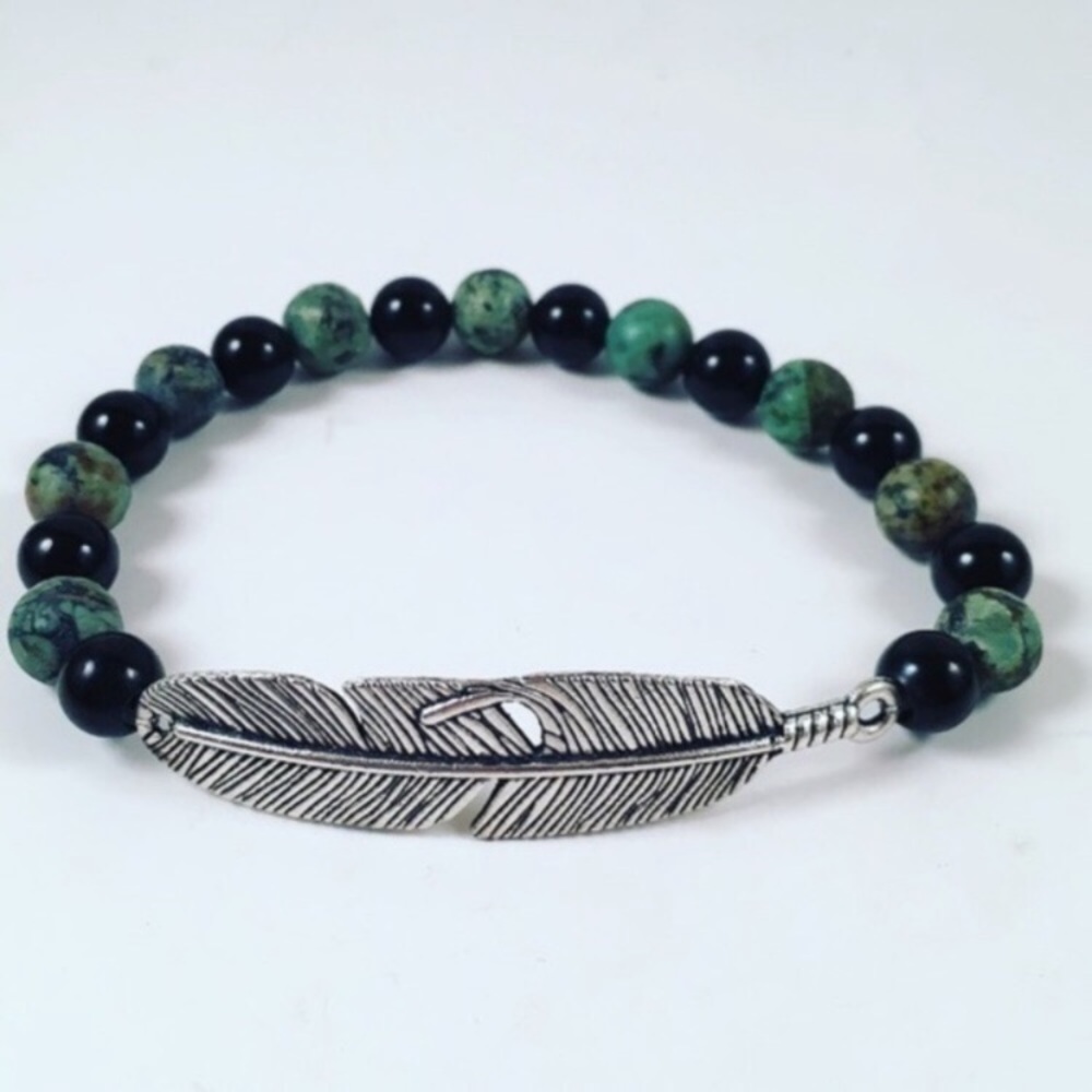 Men genuine onyx & african turquoise leaf bracelet
